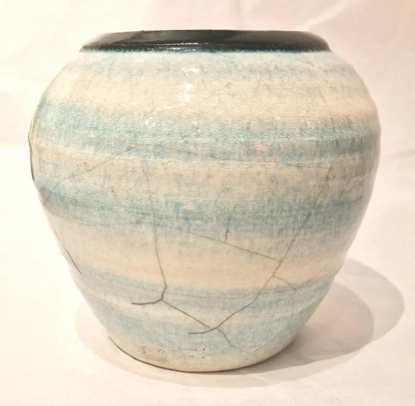 Hand Thrown Aqua and White Raku Crackle Glazed Pot by Keith Kent Ceramics from Barewall Art Gallery
