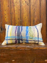 Handmade felted cushion with vintage blankets and handwork. Oblong blue and purple felt. By Lost and Found Projects and JMR Design by Barewall