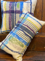 Handmade felted cushion with vintage blankets and handwork. Oblong blue and purple felt. By Lost and Found Projects and JMR Design by Barewall