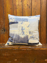 Handmade reworked cushion in salvage linen, denim, fabrics and treads. By Lost and Found Projects and JMR Design by Barewall