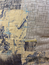 Handmade reworked cushion in salvage linen, denim, fabrics and treads. By Lost and Found Projects and JMR Design by Barewall
