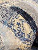 Handmade reworked cushion in salvage linen, denim, fabrics and treads. By Lost and Found Projects and JMR Design by Barewall