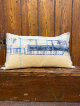 Handmade reworked oblong cushion in vintage blanket and salvage treads (blue). By Lost and Found Projects and JMR Design by Barewall