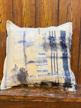 Handmade reworked square cushion in vintage blanket and salvage treads (blue). By Lost and Found Projects and JMR Design by Barewall