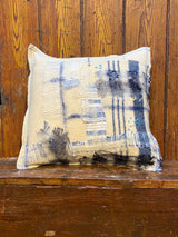 Handmade reworked square cushion in vintage blanket and salvage treads (blue). By Lost and Found Projects and JMR Design by Barewall