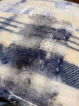 Handmade reworked square cushion in vintage blanket and salvage treads (blue). By Lost and Found Projects and JMR Design by Barewall