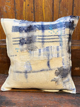 Handmade reworked square cushion in vintage blanket and salvage treads (blue). By Lost and Found Projects and JMR Design by Barewall