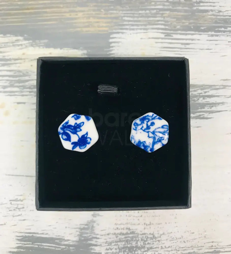 HB3 Blue and White Flower Hexagonal Stud Earrings by Hayley Blackwell Ceramics from Barewall Art Gallery