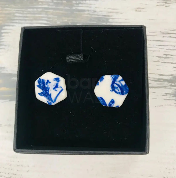 HB4 Blue and White Flower Hexagonal Stud Earrings by Hayley Blackwell Ceramics from Barewall Art Gallery