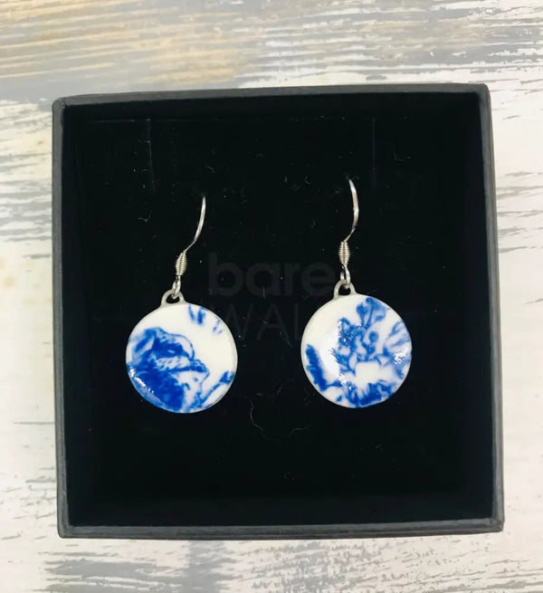 HB7 Ceramic Blue and White Flower Disc Dangle Earrings by Hayley Blackwell Jewellery from Barewall Art Gallery
