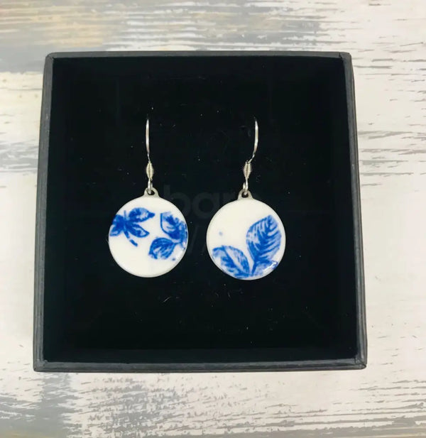 HB8 Ceramic Blue and White Flower Disc Dangle Earrings by Hayley Blackwell Jewellery from Barewall Art Gallery