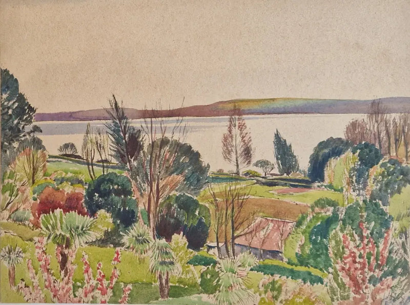 HBW001 Garden overlooking Estuary by Harold Bennett Original Art from Barewall Art Gallery