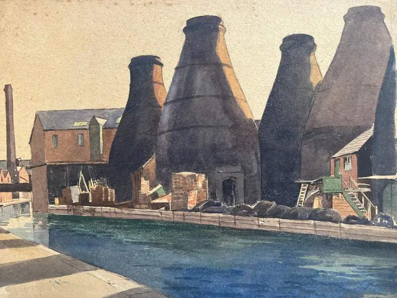 HBW038 Four Bottle Kilns Canalside c1930s by Harold Bennett Original Art from Barewall Art Gallery