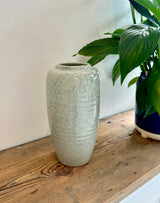 Hand thrown hand incised grey vase with cracked glaze by Agnete Hoy