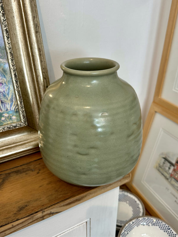 Hand thrown hand incised green vase by Agnete Hoy