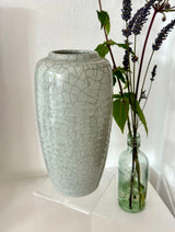 Hand thrown hand incised grey vase with cracked glaze by Agnete Hoy