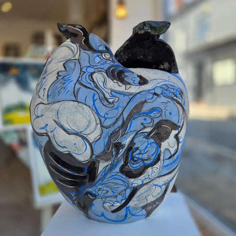 Large Blue Open Top Vase With Foxes 2025 by Jasmine Simpson Sculpture from Barewall Art Gallery