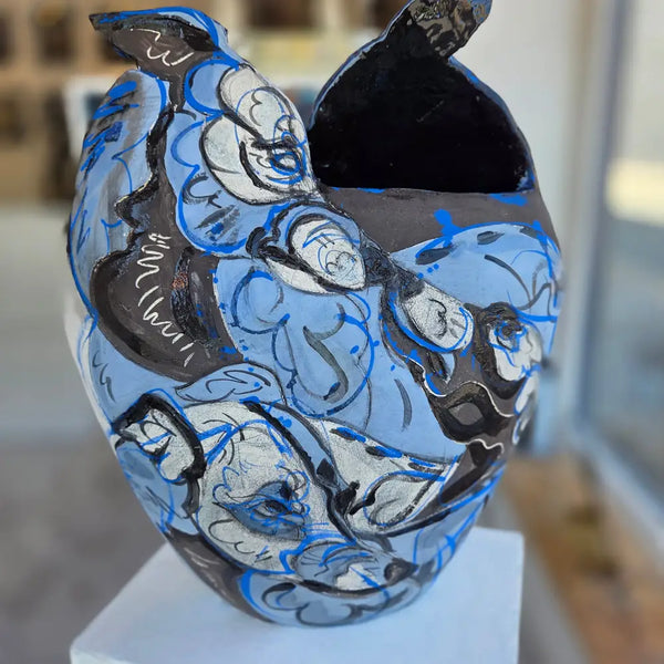Large Blue Open Top Vase With Foxes 2025 by Jasmine Simpson Sculpture from Barewall Art Gallery