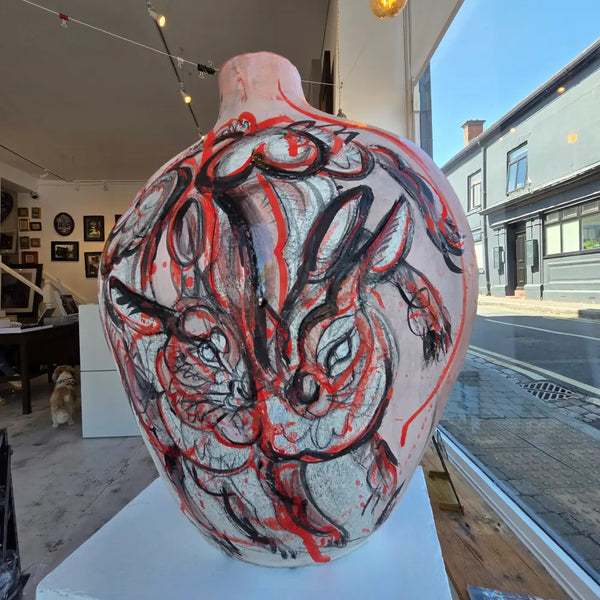 Large Red Hares Ceramic Vessel 2025 by Jasmine Simpson Sculpture from Barewall Art Gallery