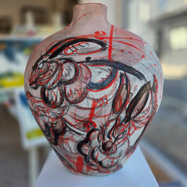 Large Red Hares Ceramic Vessel 2025 by Jasmine Simpson Sculpture from Barewall Art Gallery