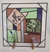 Large square hand painted coloured reclaimed glass panel with lead 2025 by Bec Davies Glass from Barewall Art Gallery