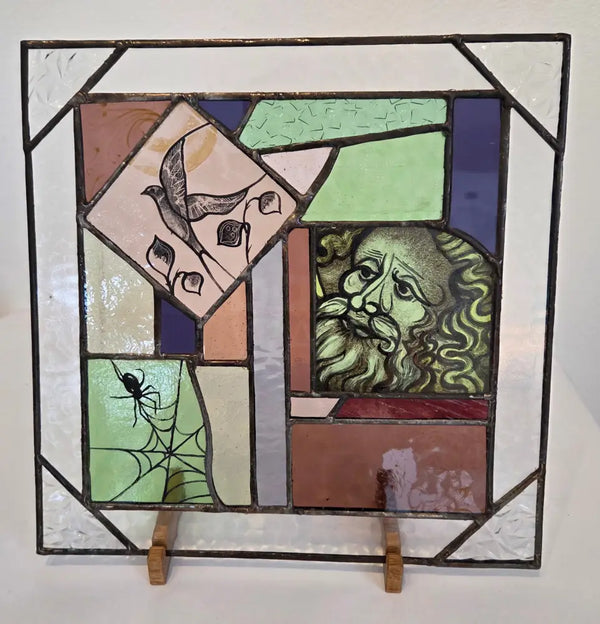 Large square hand painted coloured reclaimed glass panel with lead 2025 by Bec Davies Glass from Barewall Art Gallery
