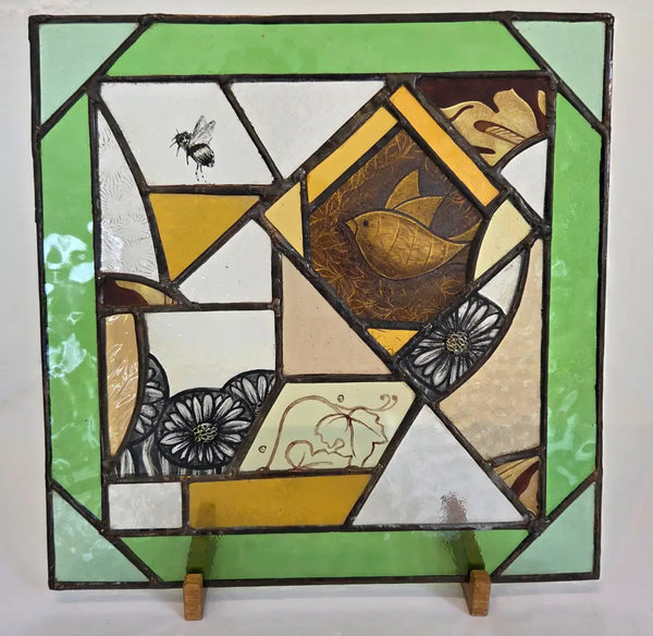 Large square hand painted coloured reclaimed glass panel with lead II 2025 by Bec Davies Glass from Barewall Art Gallery