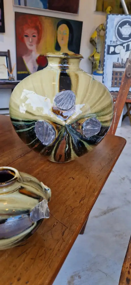 Large Stoneware Round Pot with Shells and Poured Glazes by Alex Shimwell Ceramics from Barewall Art Gallery