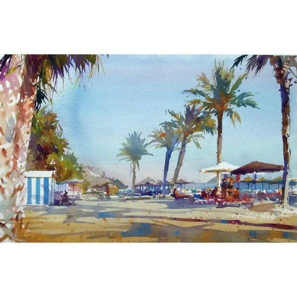 Palm Trees on the Beach, Almuñécar 2018 by Geoffrey Wynne RI Original Art from Barewall Art Gallery