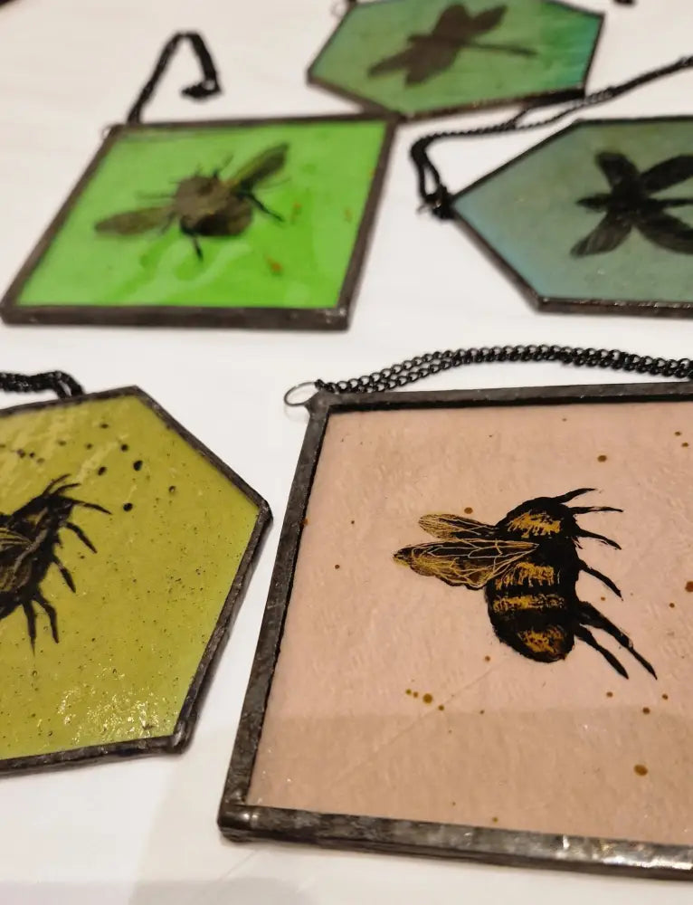 Reclaimed Stained Glass hand painted with bee and dragon flies 2024 by Bec Davies Glass from Barewall Art Gallery