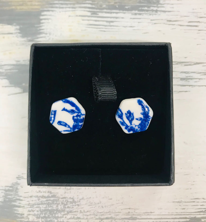 HB5 Blue and White Flower Hexagonal Stud Earrings by Hayley Blackwell