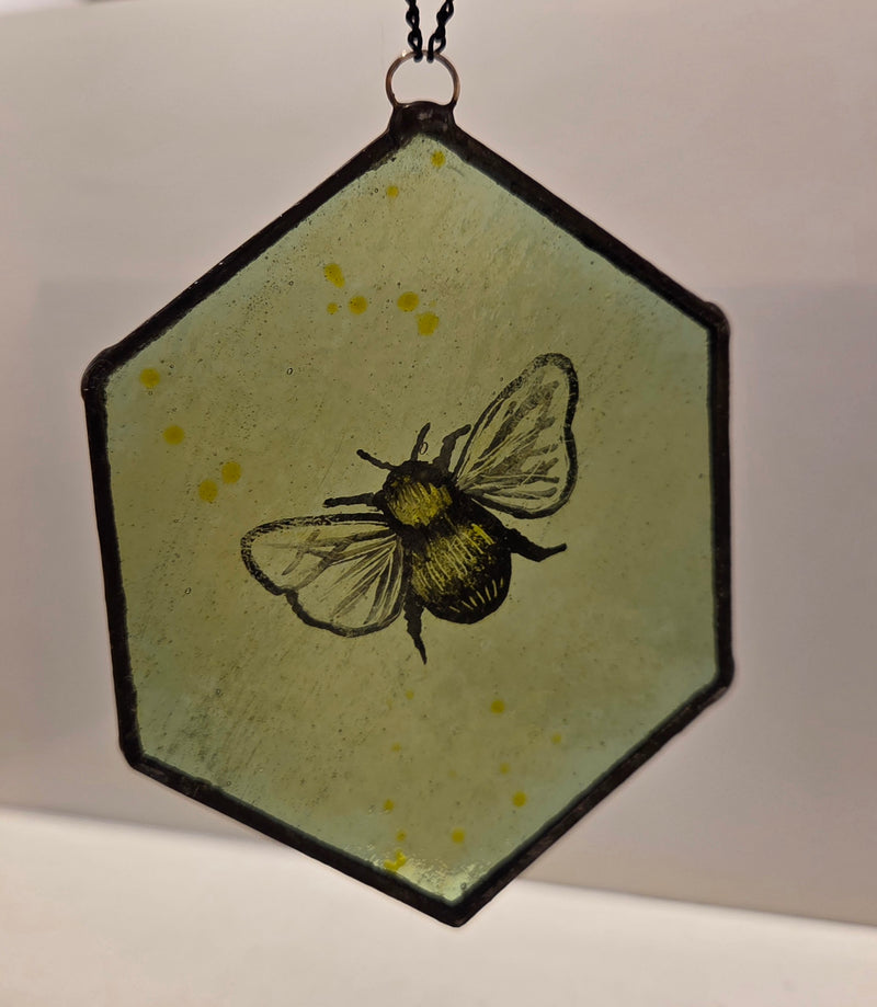 Reclaimed Stained Glass Hexagonal with painted bee 2025 by Rebecca Davies Bee on hexagonal vintage reclaimed leaded yellow glass Glass from Barewall Art Gallery