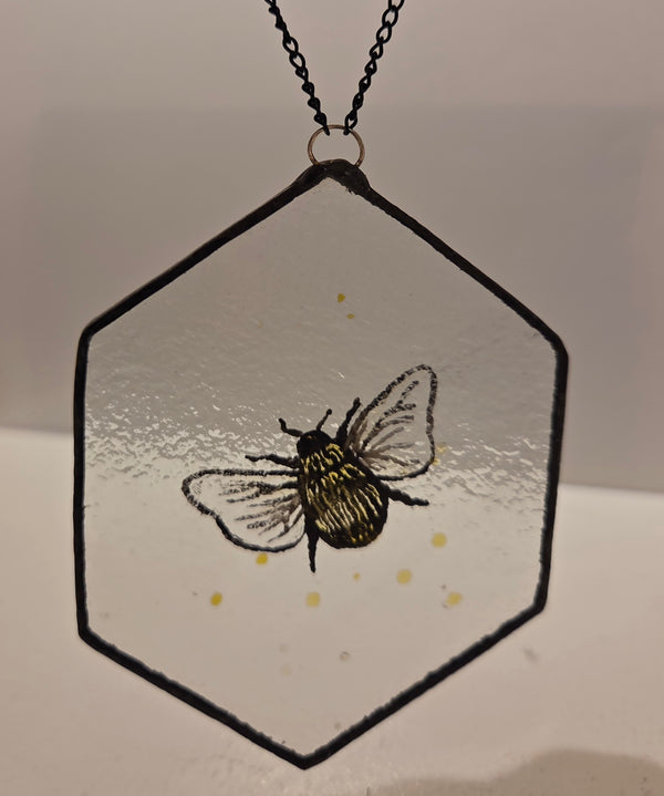 Reclaimed Stained Glass Hexagonal with painted bee 2025 by Rebecca Davies Glass from Barewall Art Gallery