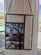 Salvaged Stained Glass Bottle Oven Painted Scenes 2026 by Rebecca Davis RD2 Potteries Landscape White 3 panel - 12cm x 9cm Original Artwork from Barewall Art Gallery