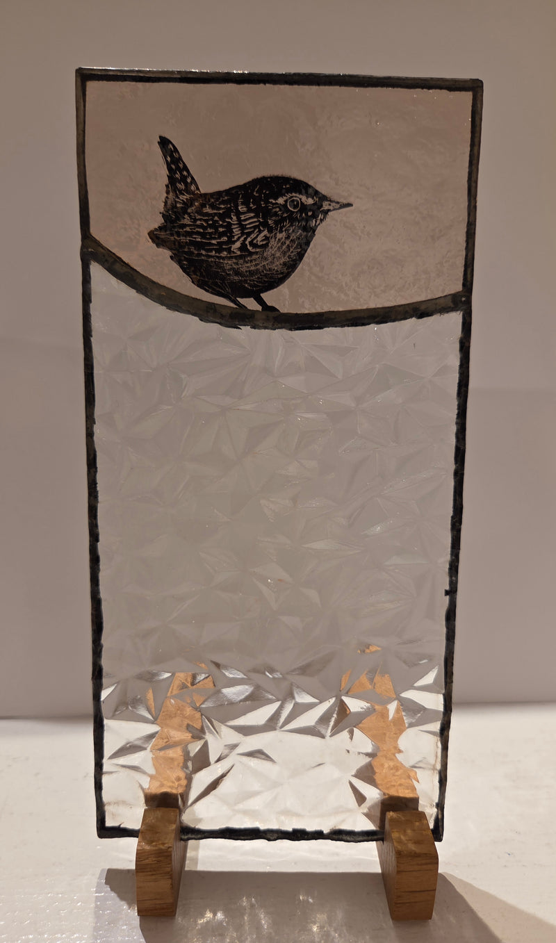 Salvaged Art Deco Stained Glass with Wren 2025 by Rebecca Davies Glass from Barewall Art Gallery