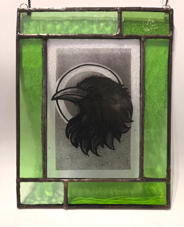 Green Crow of Envy on Stained Glass Panel 2025 by Rebecca Davies Glass from Barewall Art Gallery