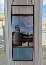 Salvaged Stained Glass Bottle Oven Painted Scenes 2026 by Rebecca Davis RD4 Potteries Landscape White and Light Blue 3 panel - 18cm x 7cm Original Artwork from Barewall Art Gallery