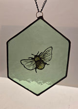 Reclaimed Stained Glass Hexagonal with painted bee 2025 by Rebecca Davies Bee on hexagonal reclaimed leaded vintage green glass Glass from Barewall Art Gallery