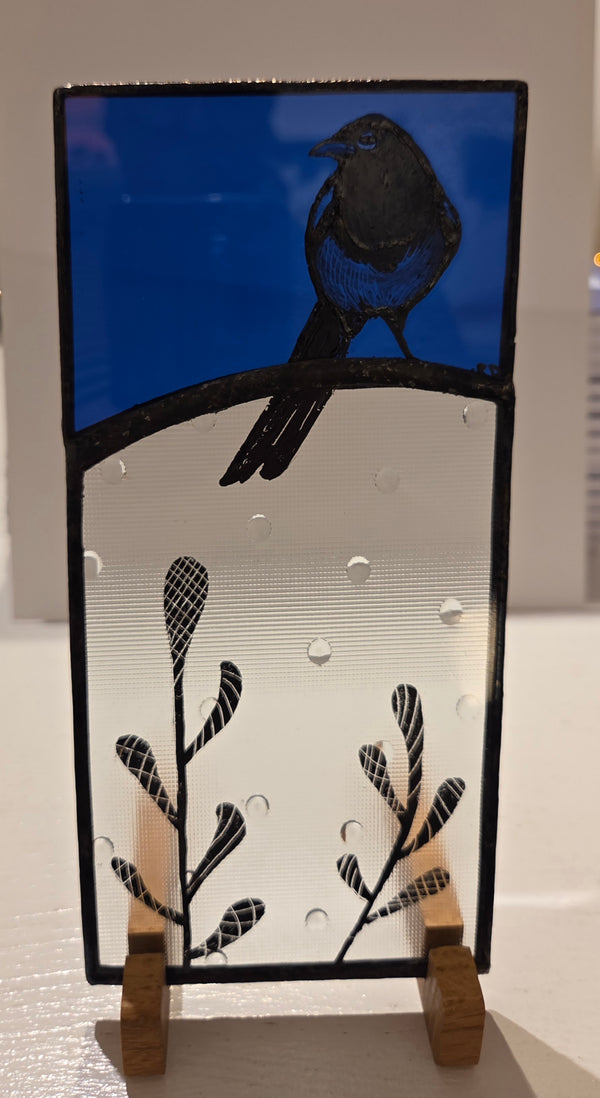 Salvaged Cobalt Blue Stained Glass with Magpie 2025 by Rebecca Davies Glass from Barewall Art Gallery
