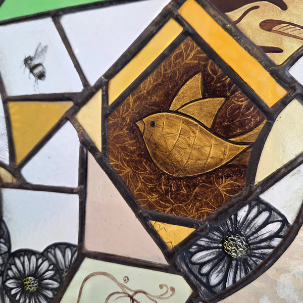 Large square hand painted coloured reclaimed glass panel with lead II 2025  by Bec Davies