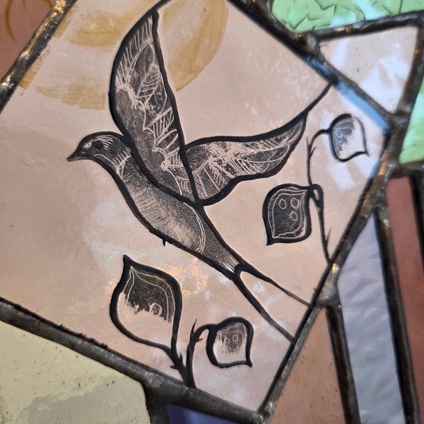 Large square hand painted coloured reclaimed glass panel with lead 2025 by Bec Davies