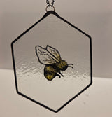 Reclaimed Stained Glass Hexagonal with painted bee 2025 by Rebecca Davies Bee on hexagonal reclaimed vintage leaded white glass Glass from Barewall Art Gallery