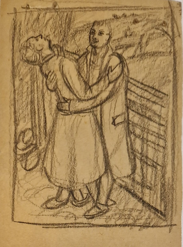SL9 Two Lovers at Farm Gate study drawing c1940s by Stanley Lewis