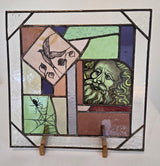 Large square hand painted coloured reclaimed glass panel with lead 2025 by Bec Davies