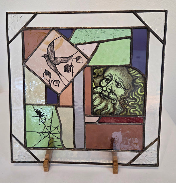Large square hand painted coloured reclaimed glass panel with lead 2025 by Bec Davies