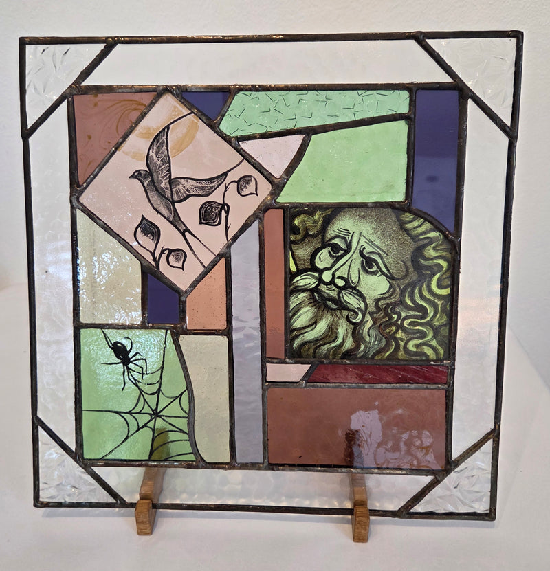 Large square hand painted coloured reclaimed glass panel with lead 2025 by Bec Davies
