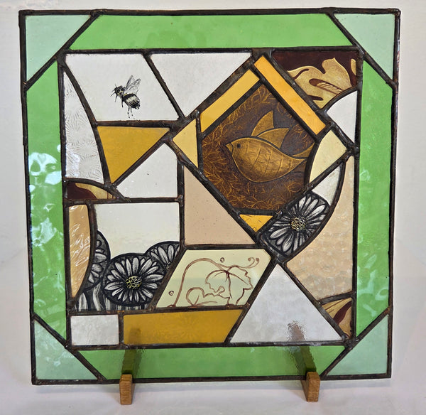 Large square hand painted coloured reclaimed glass panel with lead II 2025  by Bec Davies