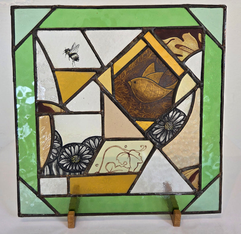 Large square hand painted coloured reclaimed glass panel with lead II 2025  by Bec Davies