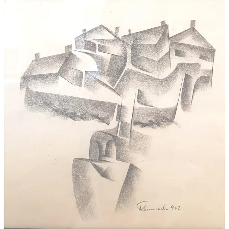 Rooftops Head with Stonewall Drawing 1962 by Jack Simcock Original Art from Barewall Art Gallery