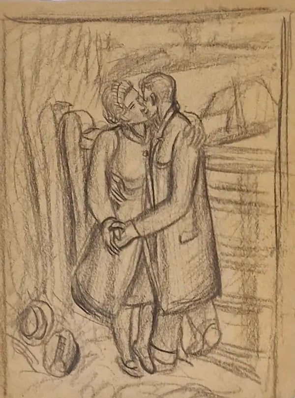 SL10 Two Lovers at Farm Gate study drawing II c1940s by Stanley Lewis Original Art from Barewall Art Gallery